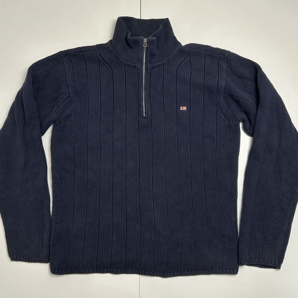 VTG Polo Jeans Co Ralph Lauren Men L Navy Blue Ribbed Cotton Quarter Zip Sweater